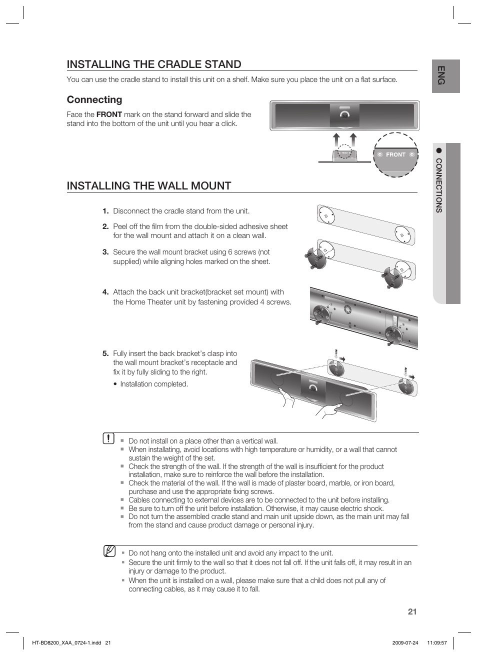 Installing the wall mount, Installing the cradle stand, Connecting | Samsung 2.1CH BLU-RAY HT-BD8200 User Manual | Page 21 / 96