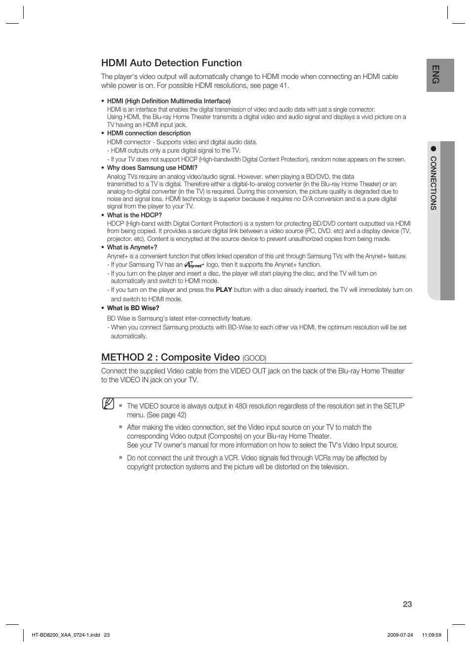 Hdmi auto detection function, Method 2 : composite video | Samsung 2.1CH BLU-RAY HT-BD8200 User Manual | Page 23 / 96