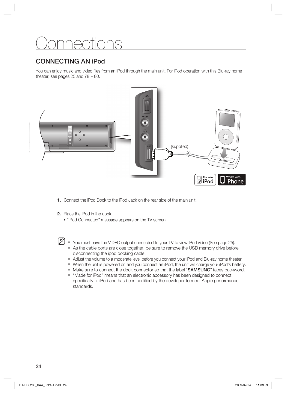 Connections, Connecting an ipod | Samsung 2.1CH BLU-RAY HT-BD8200 User Manual | Page 24 / 96