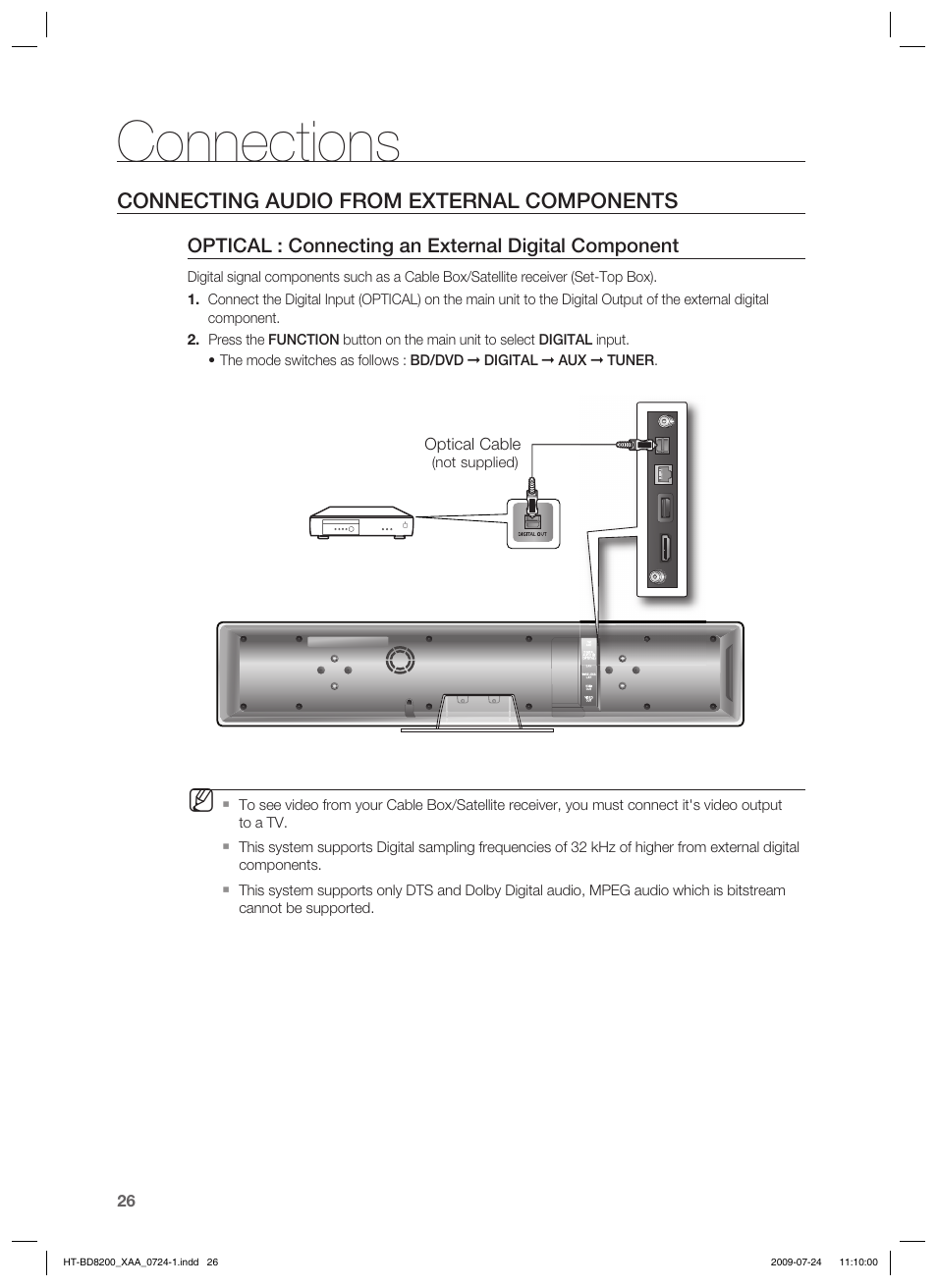 Connections, Connecting audio from external components | Samsung 2.1CH BLU-RAY HT-BD8200 User Manual | Page 26 / 96