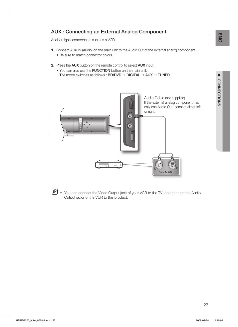 Aux : connecting an external analog component | Samsung 2.1CH BLU-RAY HT-BD8200 User Manual | Page 27 / 96