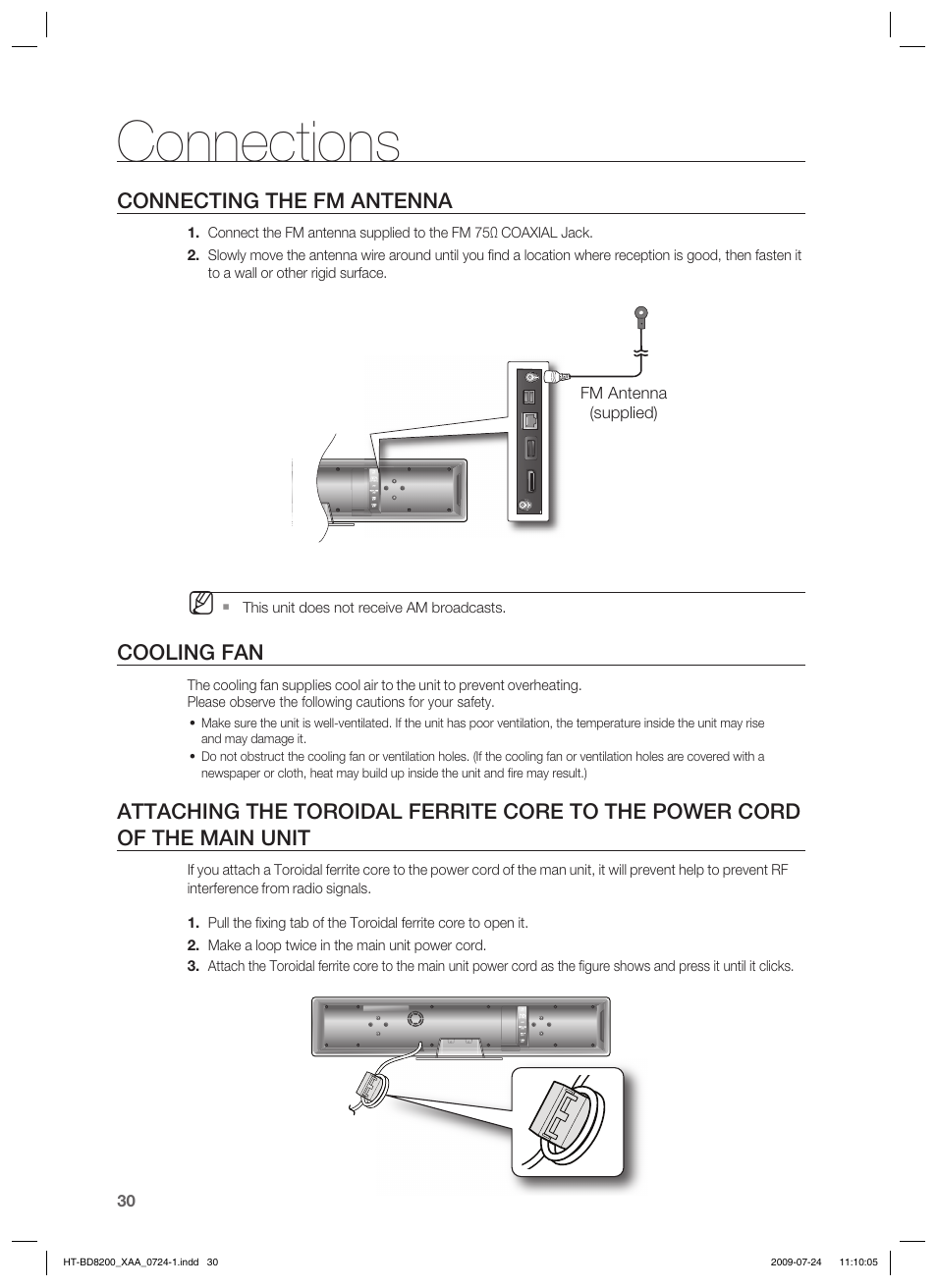 Connections, Connecting the fm antenna, Cooling fan | Samsung 2.1CH BLU-RAY HT-BD8200 User Manual | Page 30 / 96