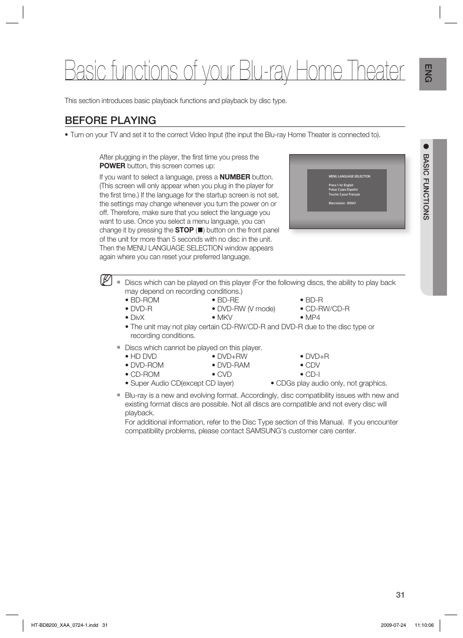 Basic functions of your blu-ray home theater, Before playing | Samsung 2.1CH BLU-RAY HT-BD8200 User Manual | Page 31 / 96