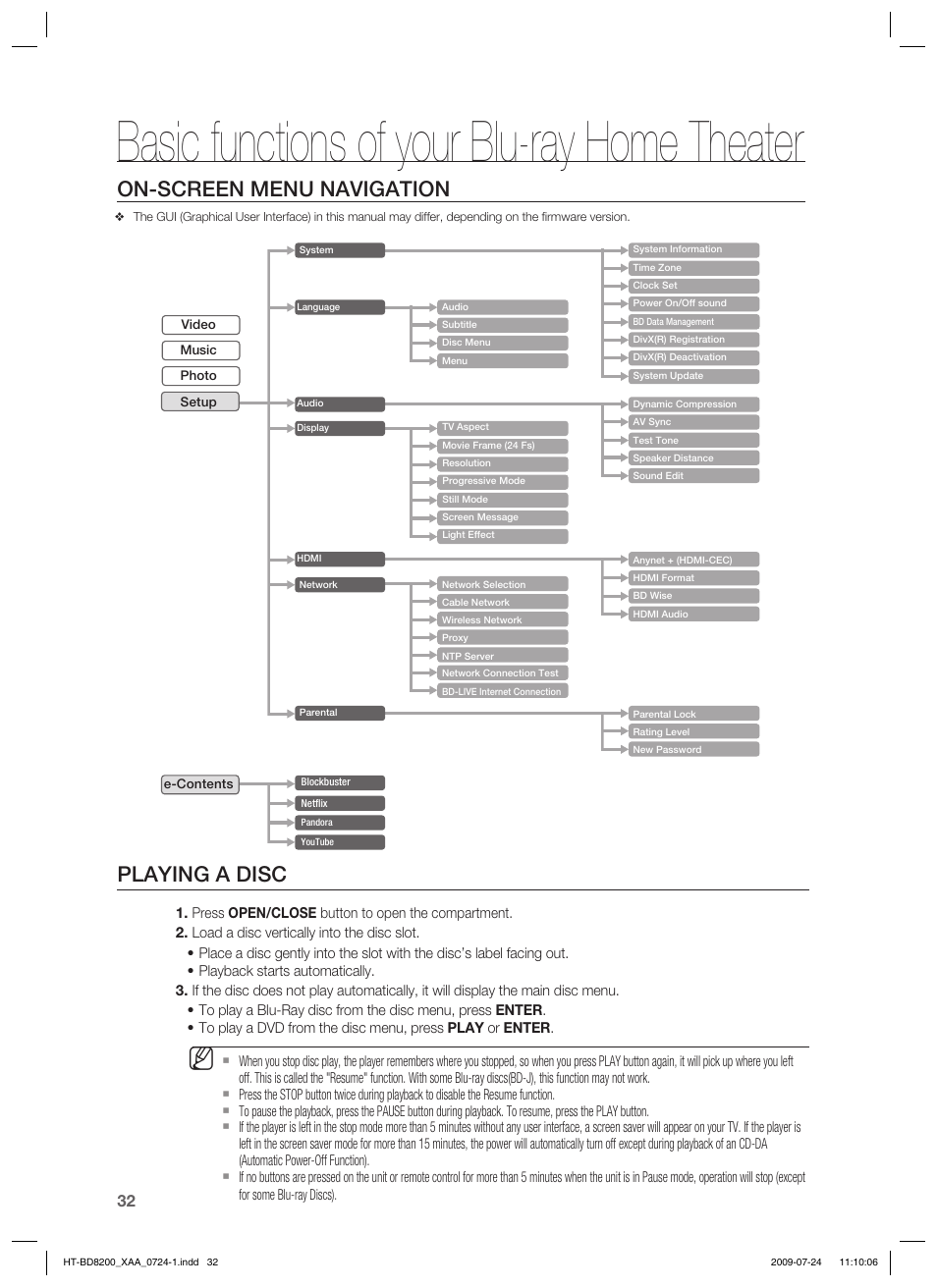 Basic functions of your blu-ray home theater, Playing a disc, On-screen menu navigation | Samsung 2.1CH BLU-RAY HT-BD8200 User Manual | Page 32 / 96