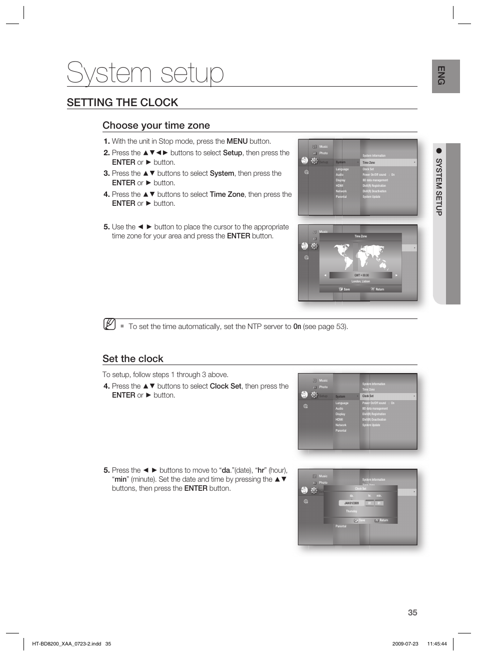 System setup, Setting the clock, Choose your time zone | Set the clock | Samsung 2.1CH BLU-RAY HT-BD8200 User Manual | Page 35 / 96