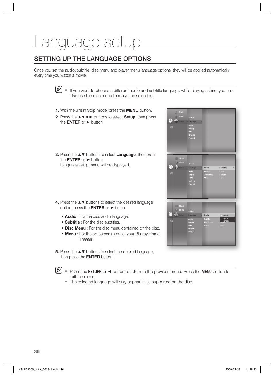 Language setup, Setting up the language options | Samsung 2.1CH BLU-RAY HT-BD8200 User Manual | Page 36 / 96