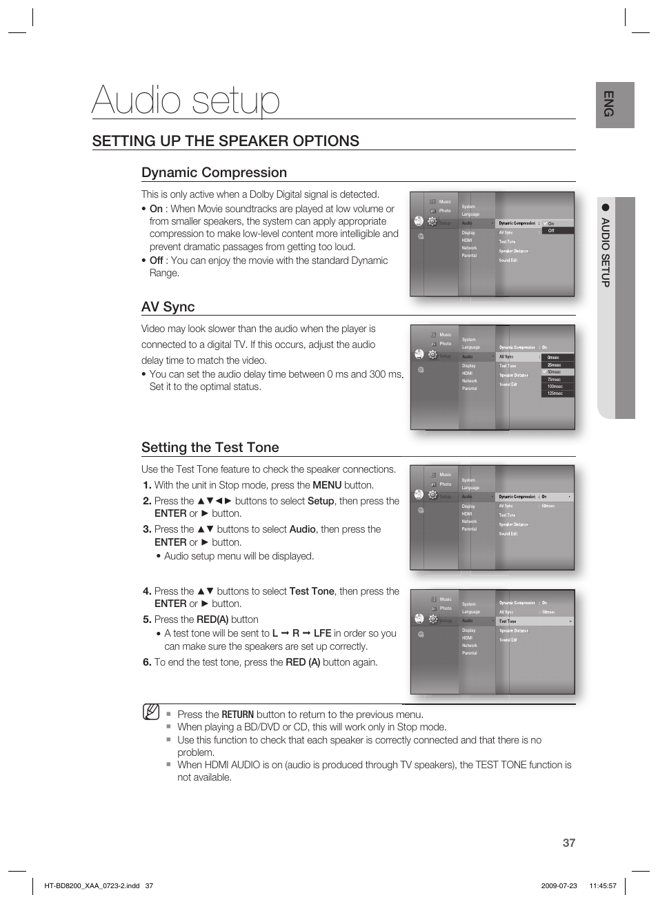 Audio setup, Setting up the speaker options, Dynamic compression | Av sync, Setting the test tone | Samsung 2.1CH BLU-RAY HT-BD8200 User Manual | Page 37 / 96