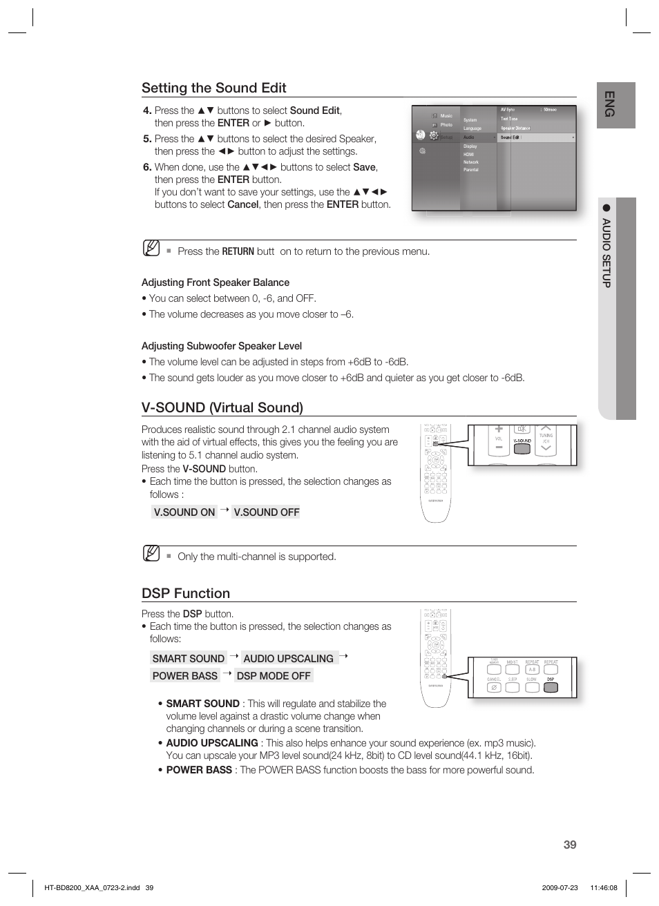 V-sound (virtual sound), Dsp function, Setting the sound edit | Samsung 2.1CH BLU-RAY HT-BD8200 User Manual | Page 39 / 96