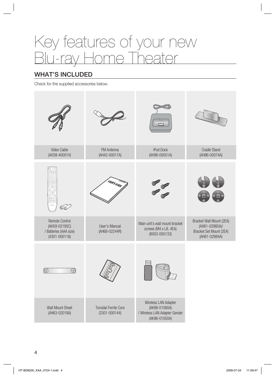 Key features of your new blu-ray home theater, What’s included | Samsung 2.1CH BLU-RAY HT-BD8200 User Manual | Page 4 / 96