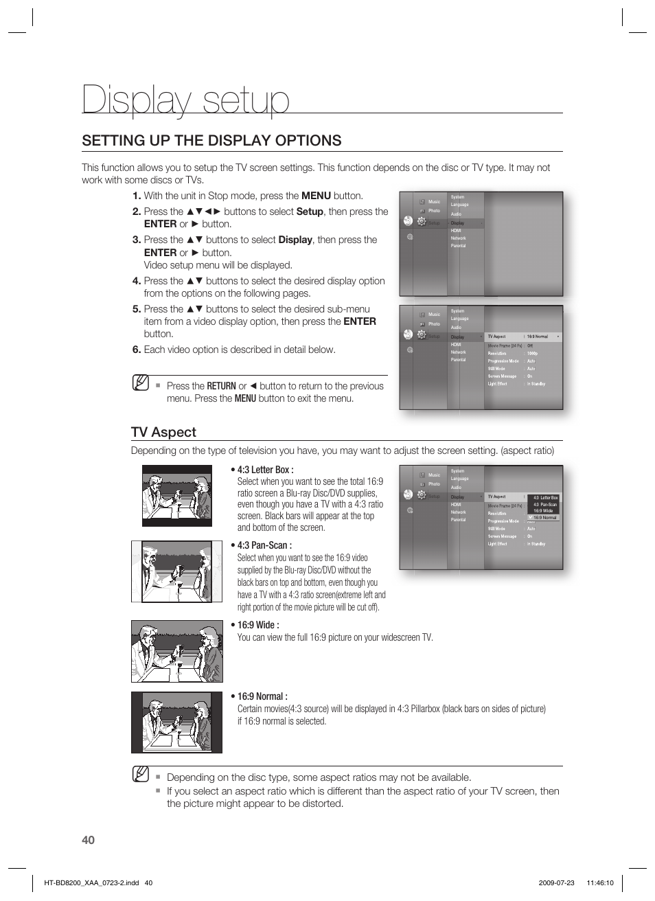 Display setup, Setting up the display options, Tv aspect | Samsung 2.1CH BLU-RAY HT-BD8200 User Manual | Page 40 / 96