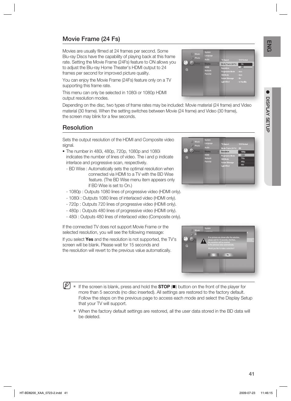 Movie frame (24 fs), Resolution, Display setup | Samsung 2.1CH BLU-RAY HT-BD8200 User Manual | Page 41 / 96