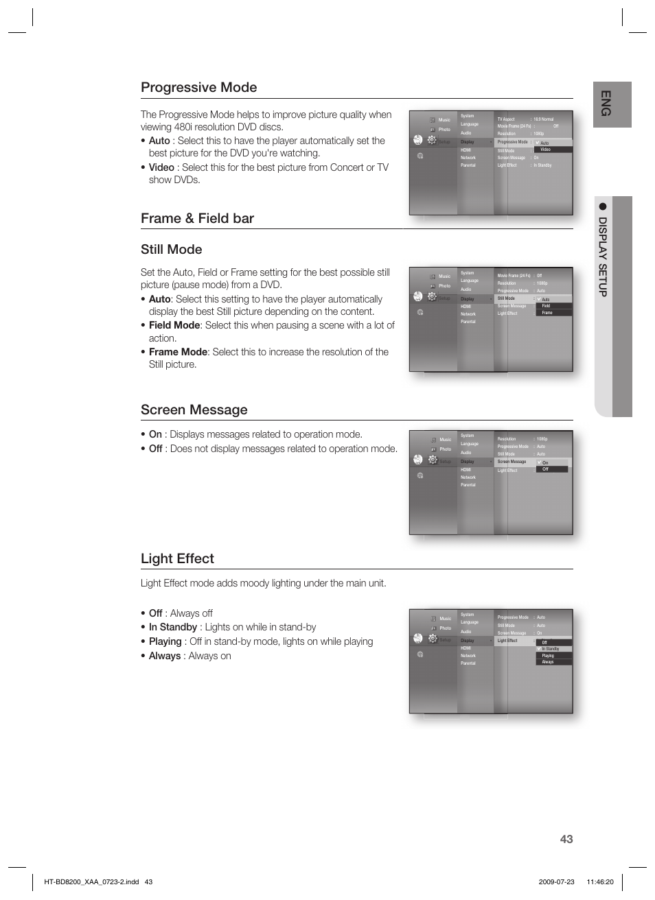 Progressive mode, Frame & field bar, Screen message | Light effect, Still mode, Display setup | Samsung 2.1CH BLU-RAY HT-BD8200 User Manual | Page 43 / 96