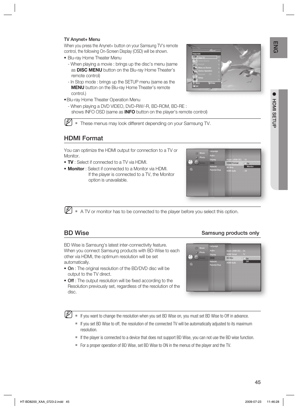 Hdmi format, Bd wise, Samsung products only | Samsung 2.1CH BLU-RAY HT-BD8200 User Manual | Page 45 / 96