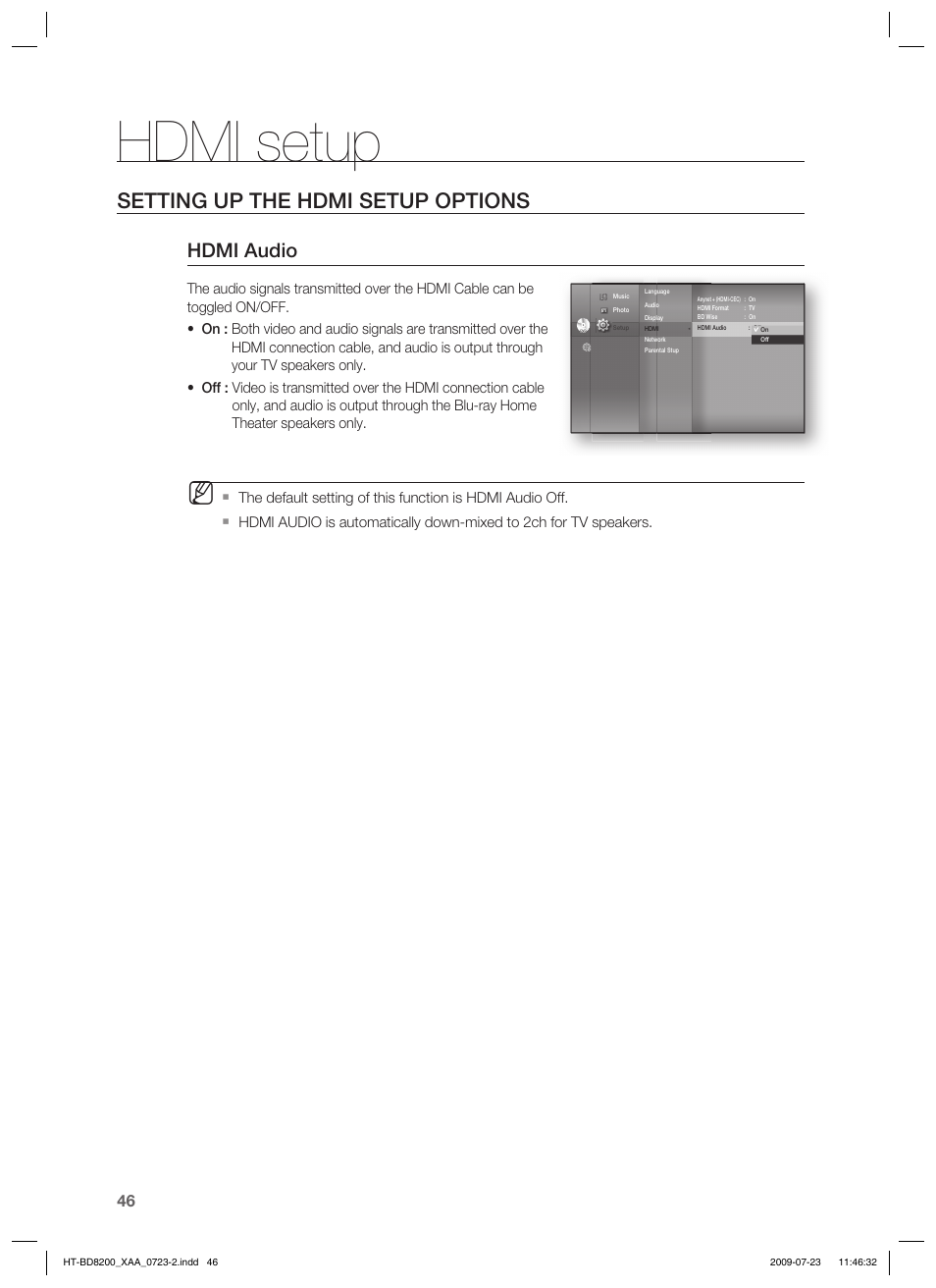 Hdmi setup, Setting up the hdmi setup options, Hdmi audio | Samsung 2.1CH BLU-RAY HT-BD8200 User Manual | Page 46 / 96