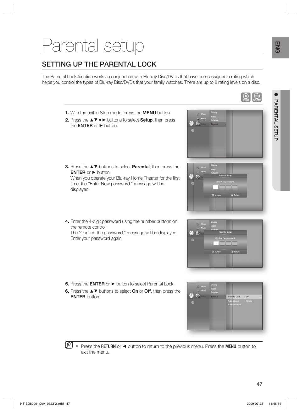 Setting up the parental lock, Parental setup | Samsung 2.1CH BLU-RAY HT-BD8200 User Manual | Page 47 / 96