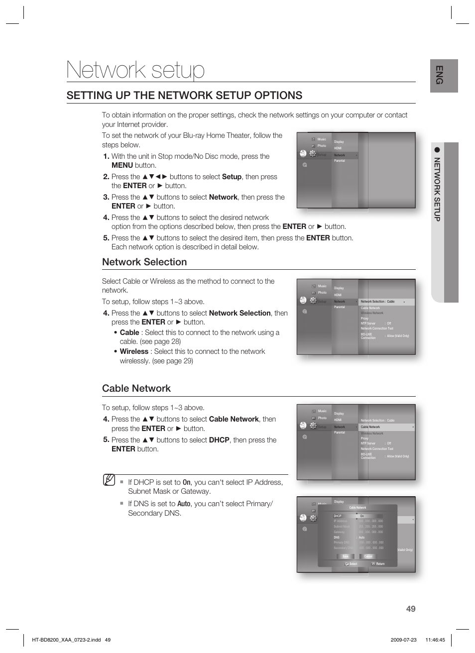 Network setup, Setting up the network setup options, Network selection | Cable network | Samsung 2.1CH BLU-RAY HT-BD8200 User Manual | Page 49 / 96