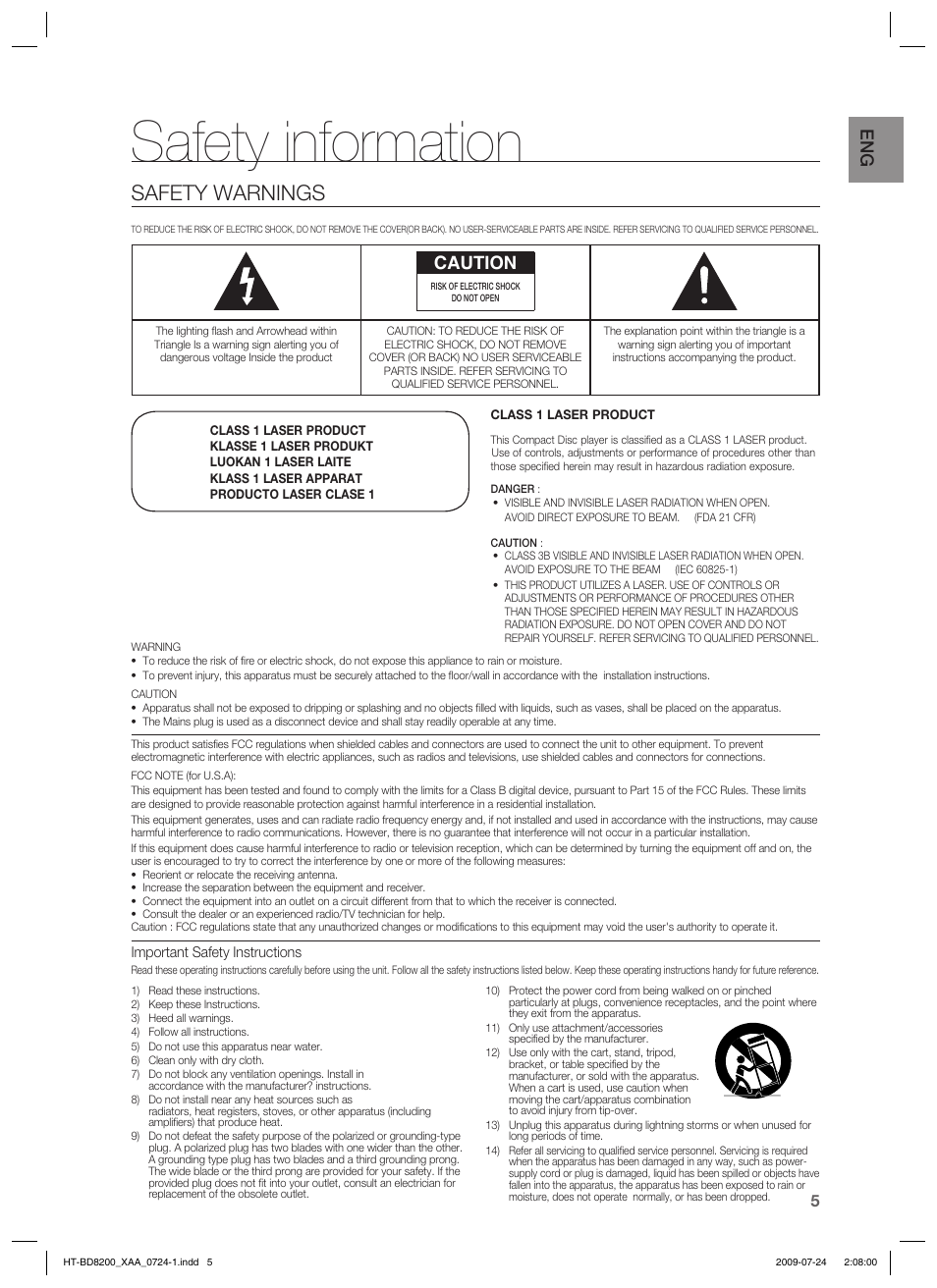 Safety information, Safety warnings, Caution | Samsung 2.1CH BLU-RAY HT-BD8200 User Manual | Page 5 / 96