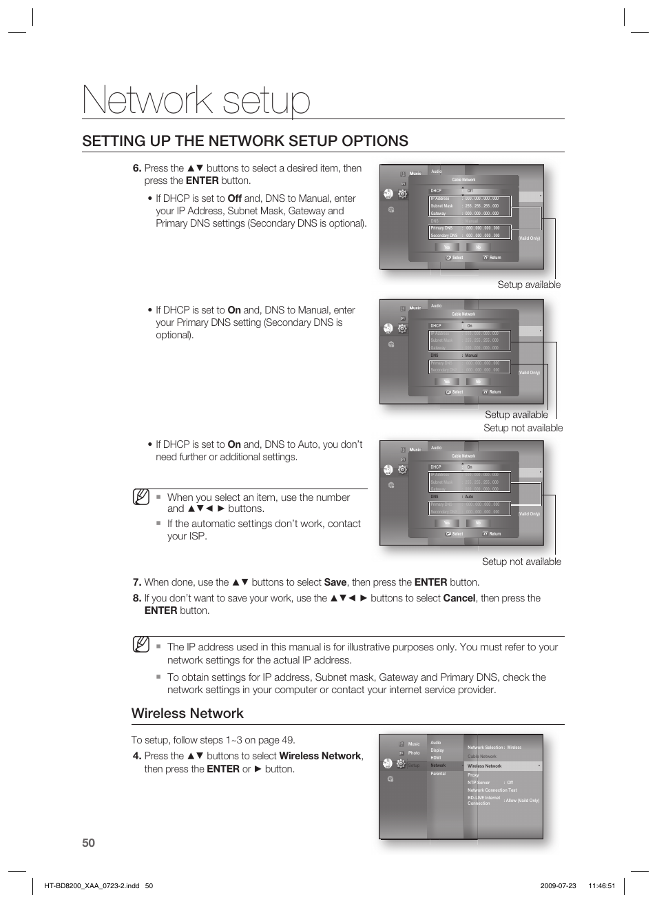 Network setup, Setting up the network setup options, Wireless network | Setup available, Setup not available setup available, Setup not available | Samsung 2.1CH BLU-RAY HT-BD8200 User Manual | Page 50 / 96