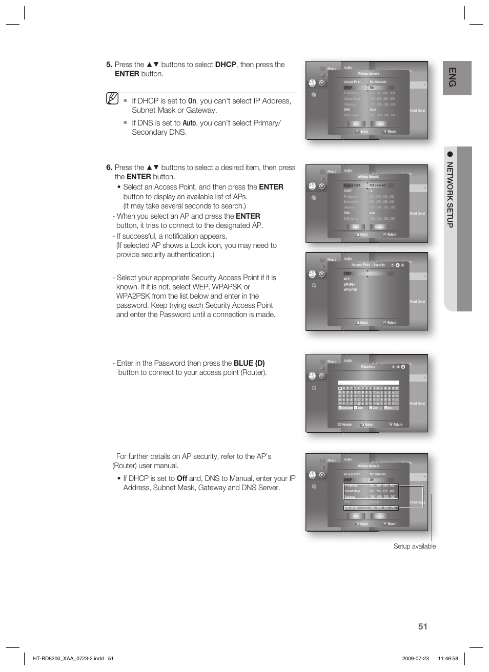 Setup available | Samsung 2.1CH BLU-RAY HT-BD8200 User Manual | Page 51 / 96