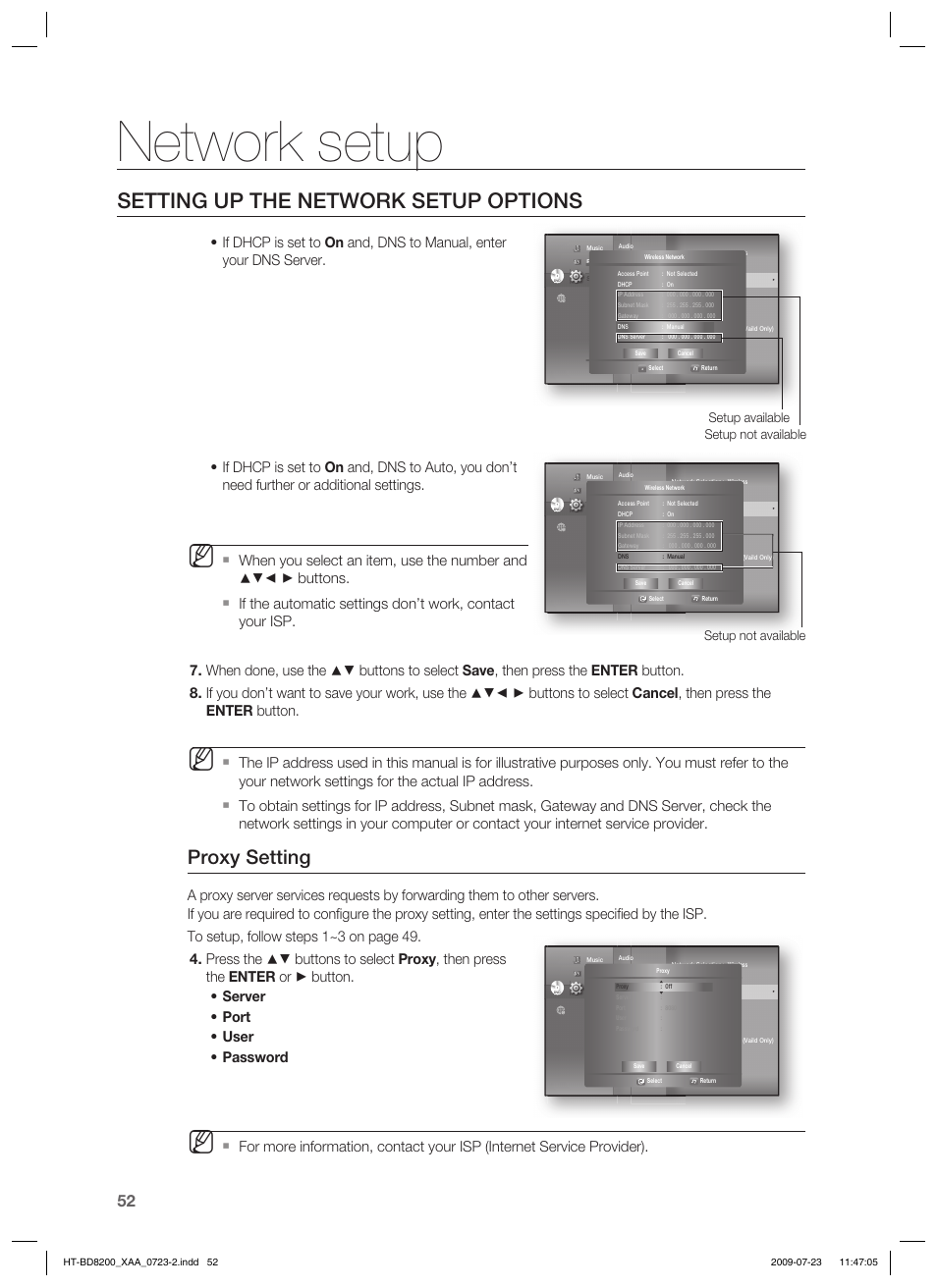 Network setup, Setting up the network setup options, Proxy setting | Setup not available setup available, Setup not available | Samsung 2.1CH BLU-RAY HT-BD8200 User Manual | Page 52 / 96