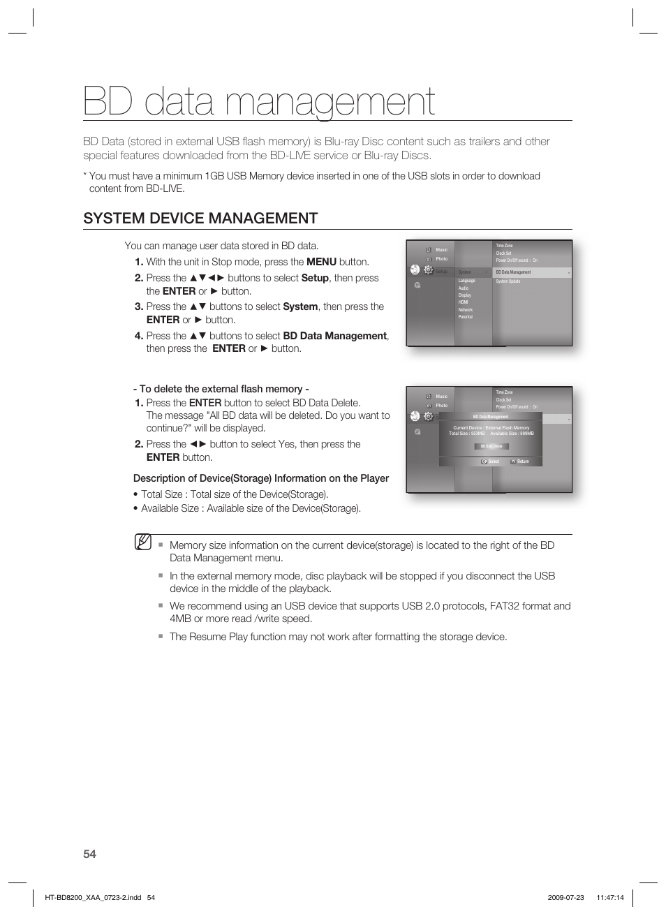 Bd data management, System device management | Samsung 2.1CH BLU-RAY HT-BD8200 User Manual | Page 54 / 96