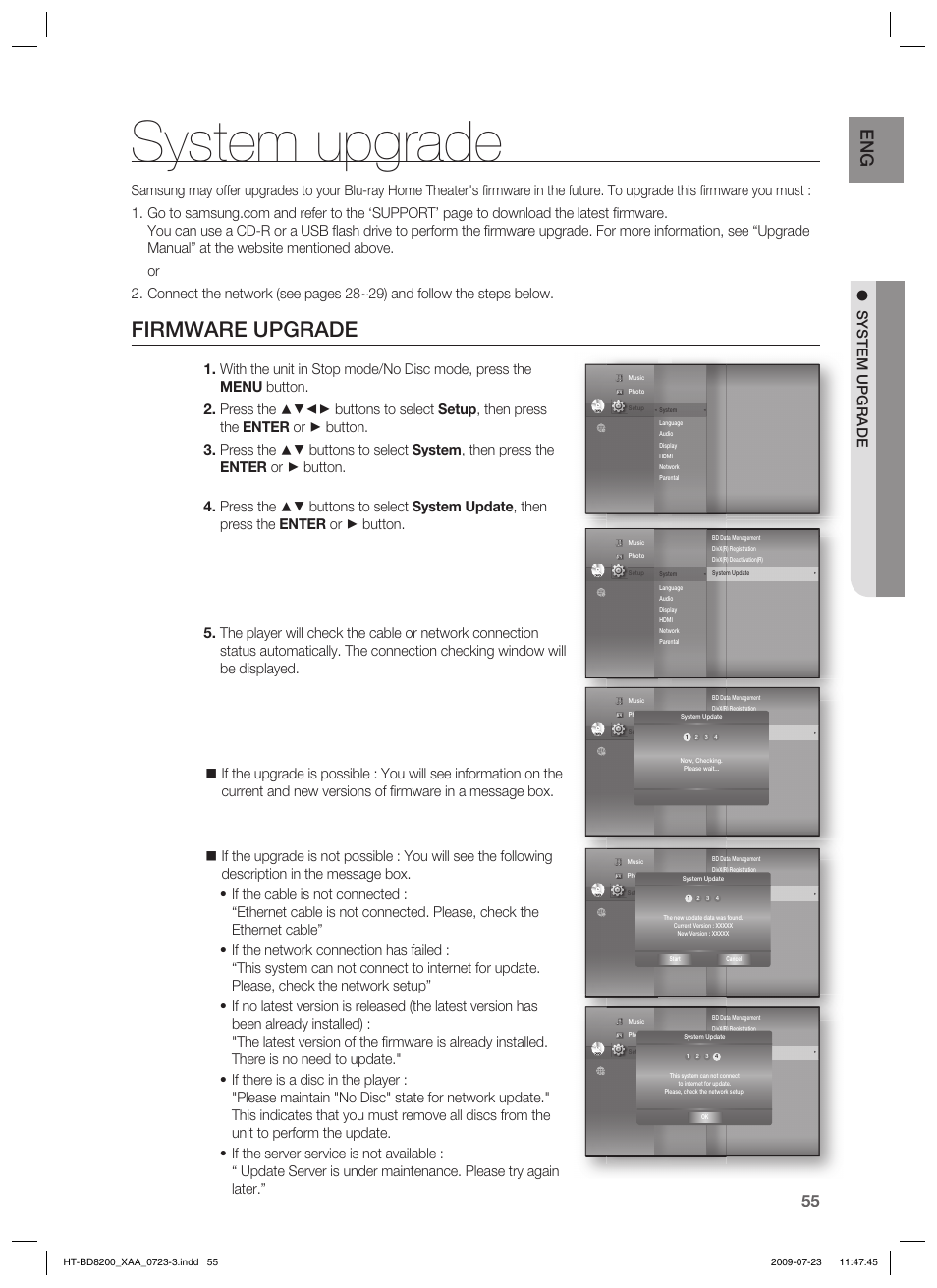 System upgrade, Firmware upgrade | Samsung 2.1CH BLU-RAY HT-BD8200 User Manual | Page 55 / 96