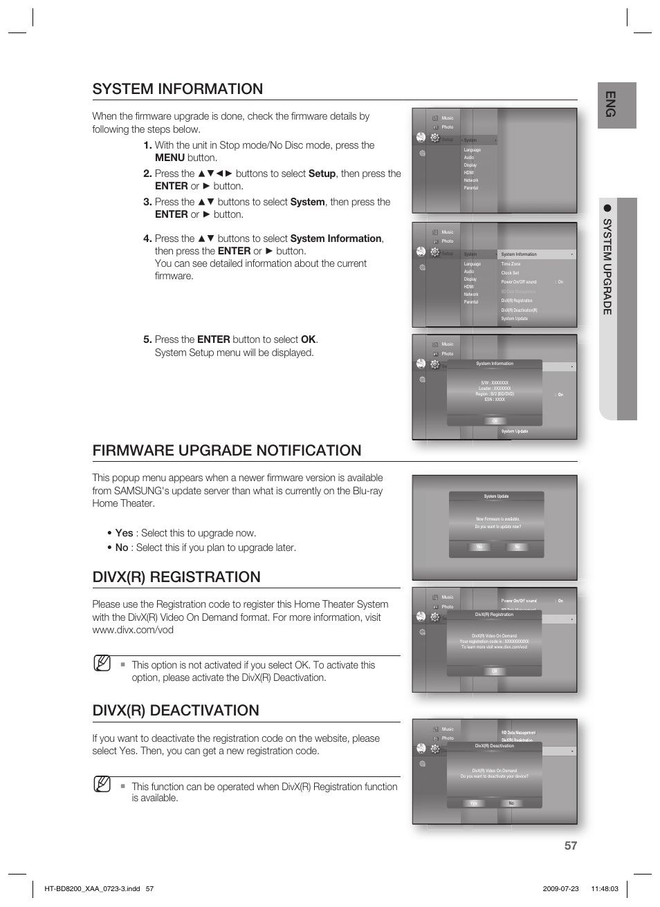 System information, Firmware upgrade notification, Divx(r) registration | Divx(r) deactivation, System upgrade | Samsung 2.1CH BLU-RAY HT-BD8200 User Manual | Page 57 / 96