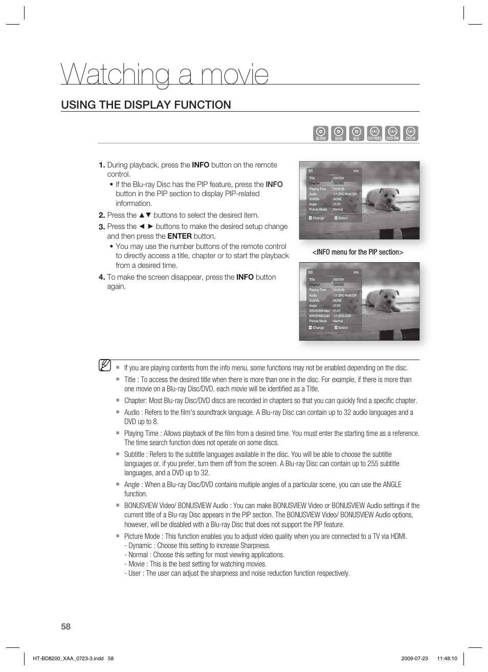 Watching a movie, Hgfzcv, Using the display function | Samsung 2.1CH BLU-RAY HT-BD8200 User Manual | Page 58 / 96