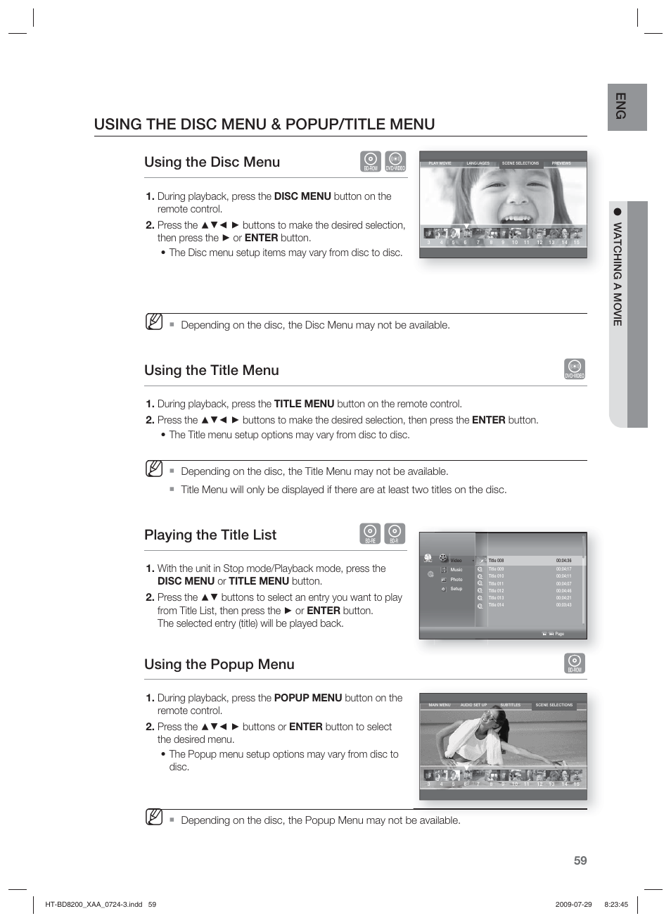 Using the disc menu & popup/title menu, Using the disc menu, Using the title menu | Playing the title list, Using the popup menu, Watching a movie | Samsung 2.1CH BLU-RAY HT-BD8200 User Manual | Page 59 / 96