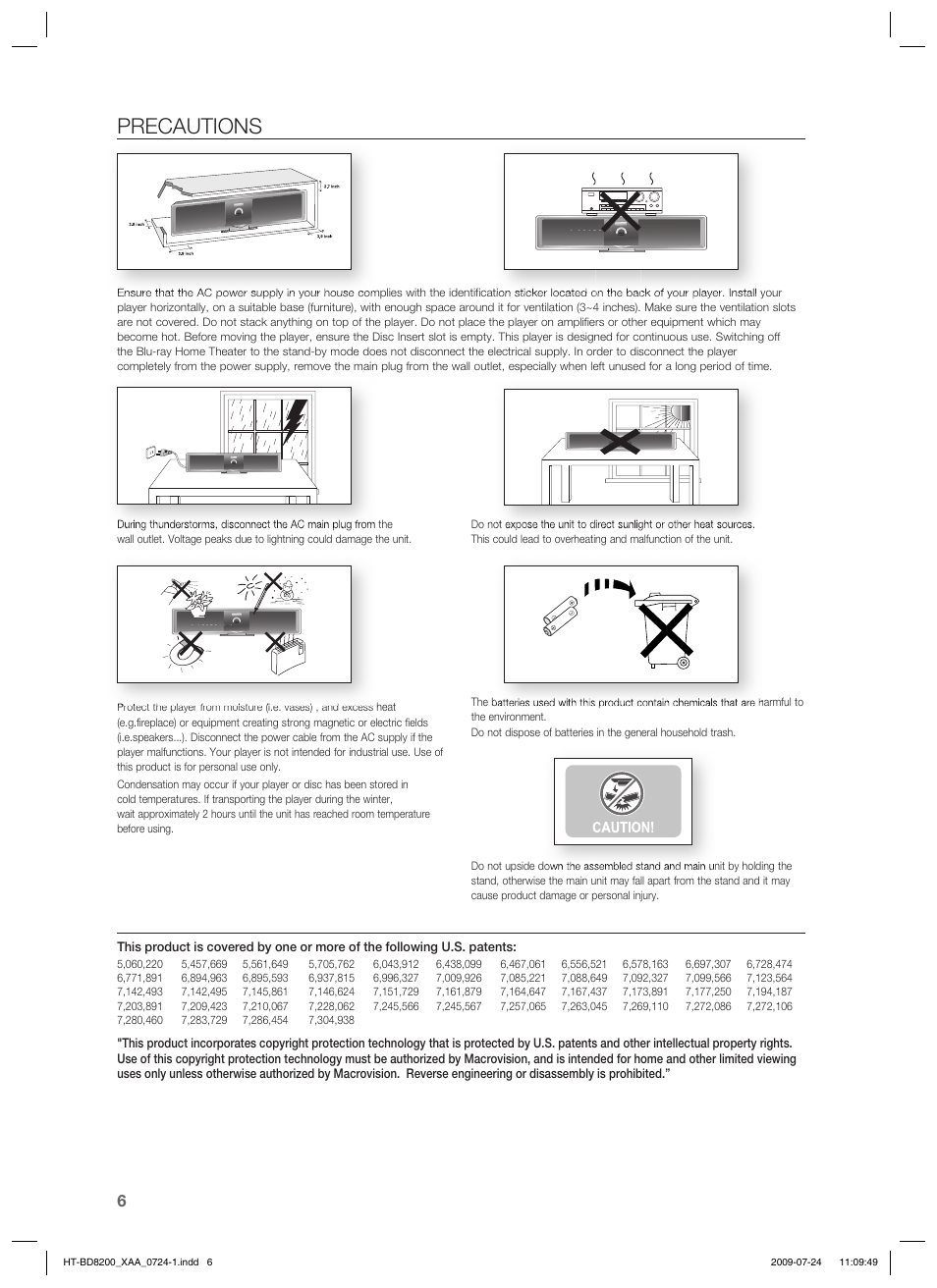 Precautions | Samsung 2.1CH BLU-RAY HT-BD8200 User Manual | Page 6 / 96