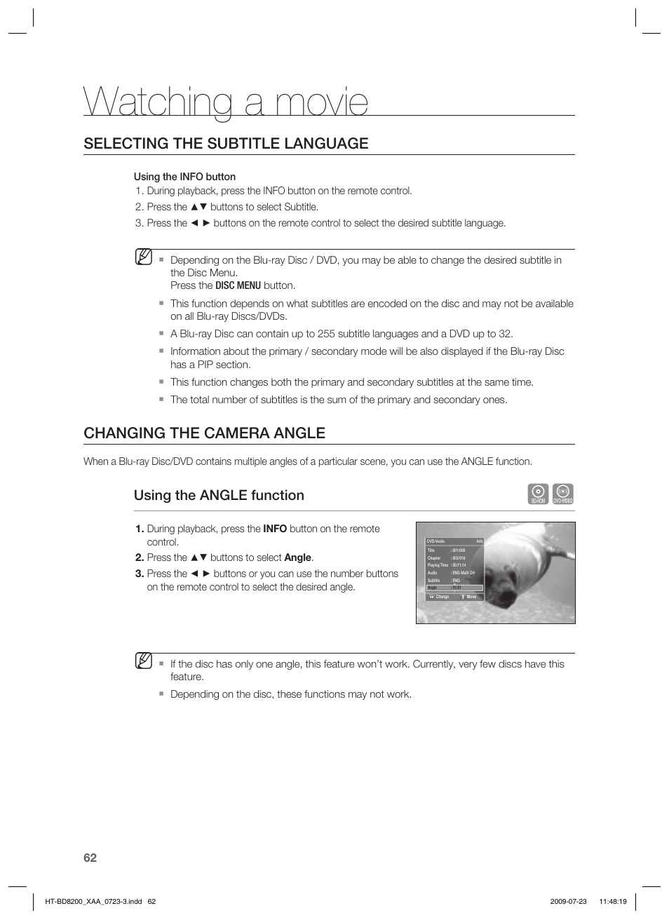 Watching a movie, Selecting the subtitle language, Changing the camera angle | Using the angle function | Samsung 2.1CH BLU-RAY HT-BD8200 User Manual | Page 62 / 96