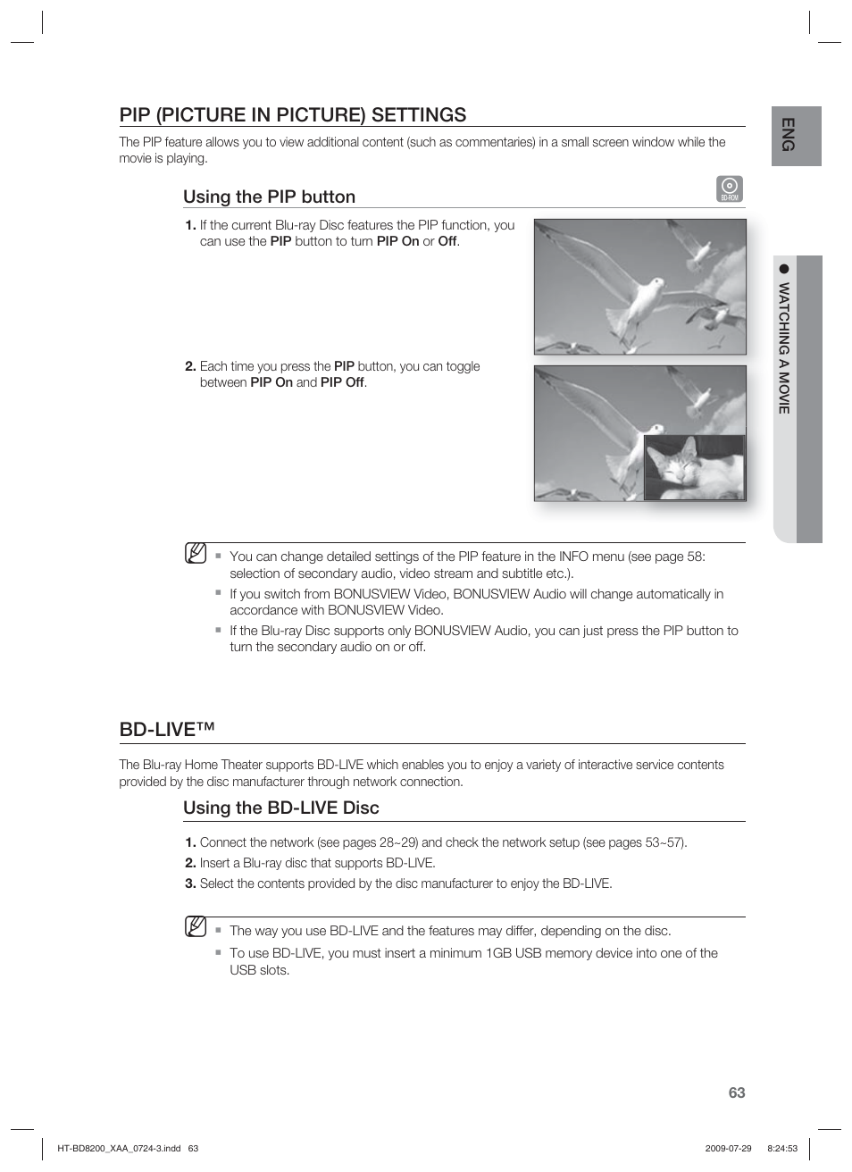 Pip (picture in picture) settings, Bd-live | Samsung 2.1CH BLU-RAY HT-BD8200 User Manual | Page 63 / 96