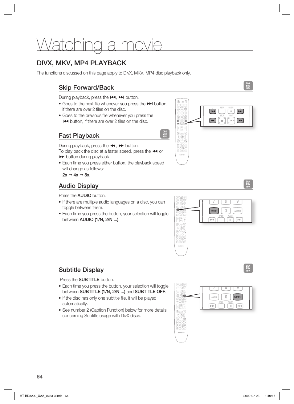 Watching a movie, Divx, mkv, mp4 playback | Samsung 2.1CH BLU-RAY HT-BD8200 User Manual | Page 64 / 96