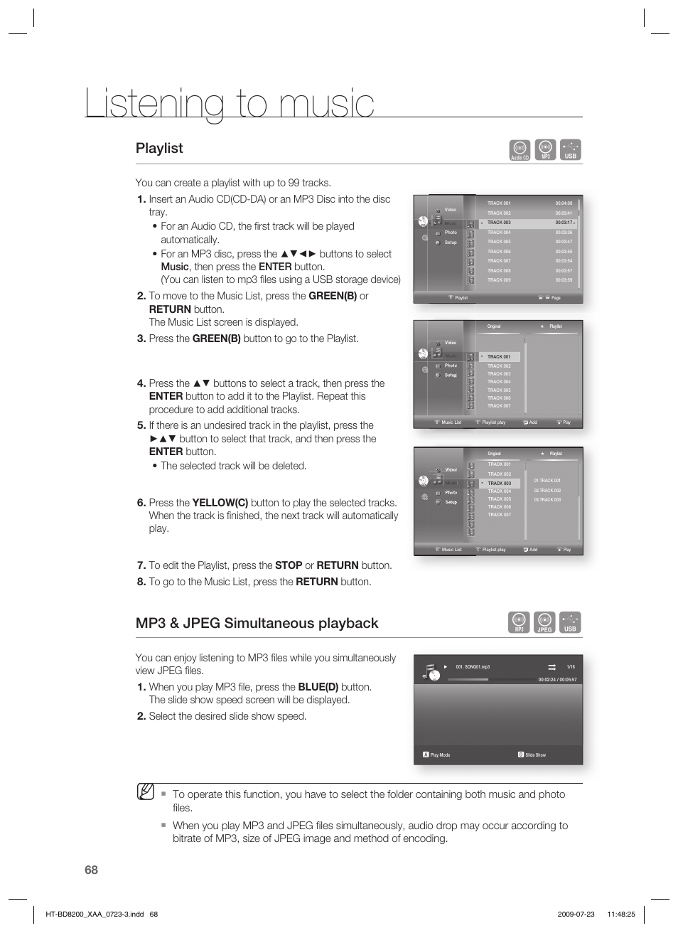 Listening to music, Playlist, Mp3 & jpeg simultaneous playback | Samsung 2.1CH BLU-RAY HT-BD8200 User Manual | Page 68 / 96