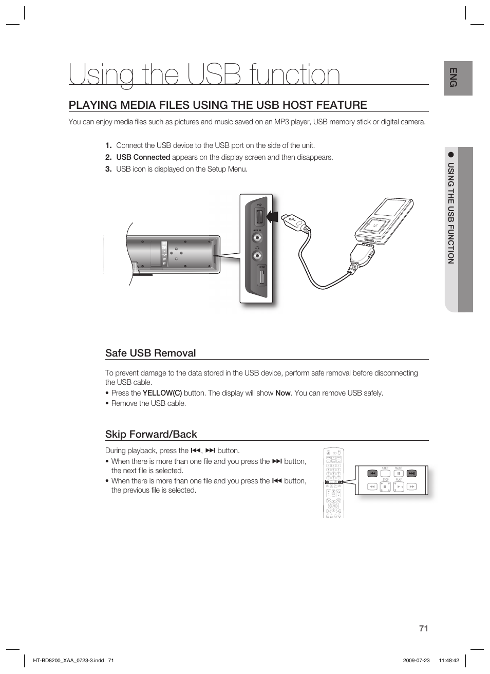 Using the usb function, Playing media files using the usb host feature | Samsung 2.1CH BLU-RAY HT-BD8200 User Manual | Page 71 / 96