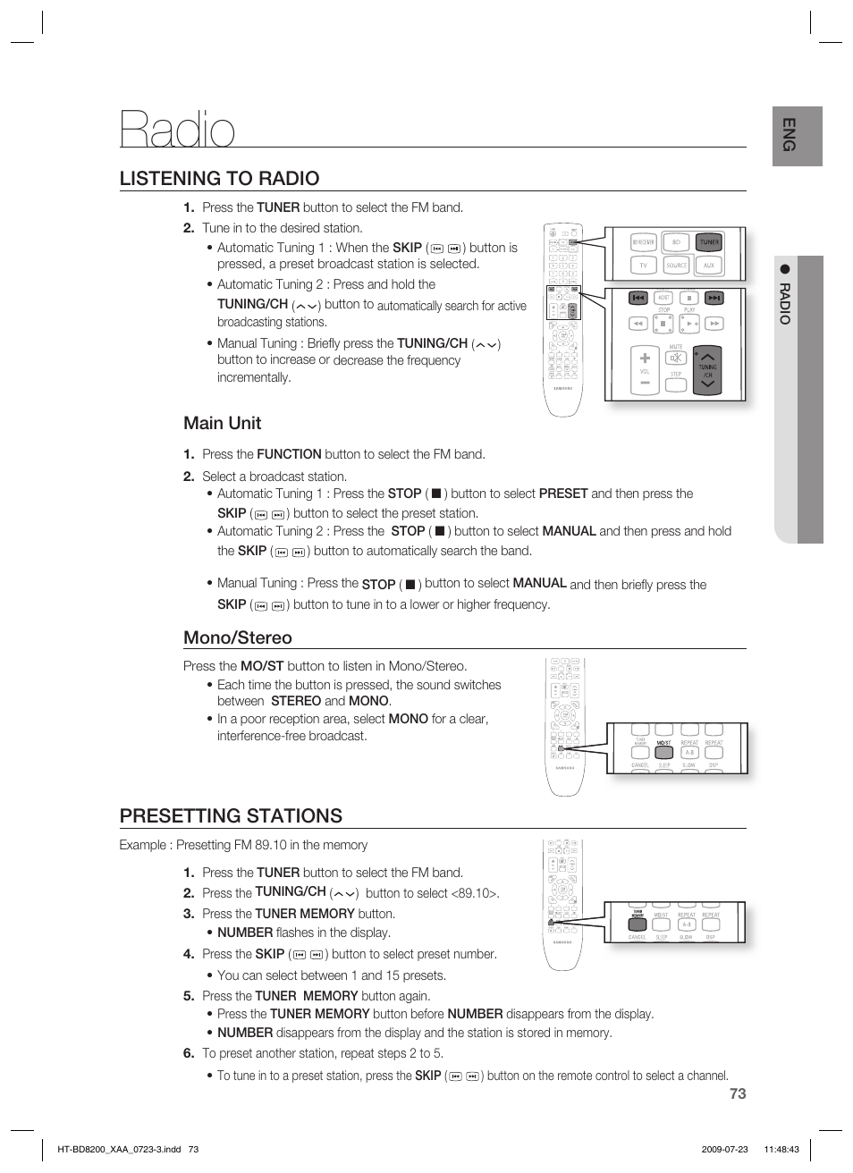 Radio, Listening to radio, Presetting stations | Main unit, Mono/stereo | Samsung 2.1CH BLU-RAY HT-BD8200 User Manual | Page 73 / 96