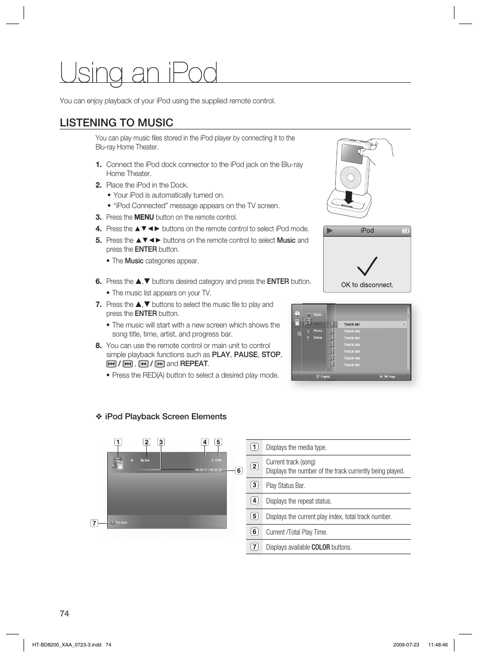 Using an ipod, Listening to music, Ipod playback screen elements | Samsung 2.1CH BLU-RAY HT-BD8200 User Manual | Page 74 / 96