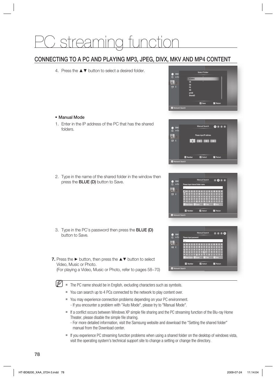 Pc streaming function, No disc | Samsung 2.1CH BLU-RAY HT-BD8200 User Manual | Page 78 / 96