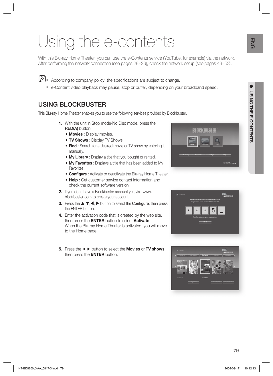 Using the e-contents, Using blockbuster | Samsung 2.1CH BLU-RAY HT-BD8200 User Manual | Page 79 / 96