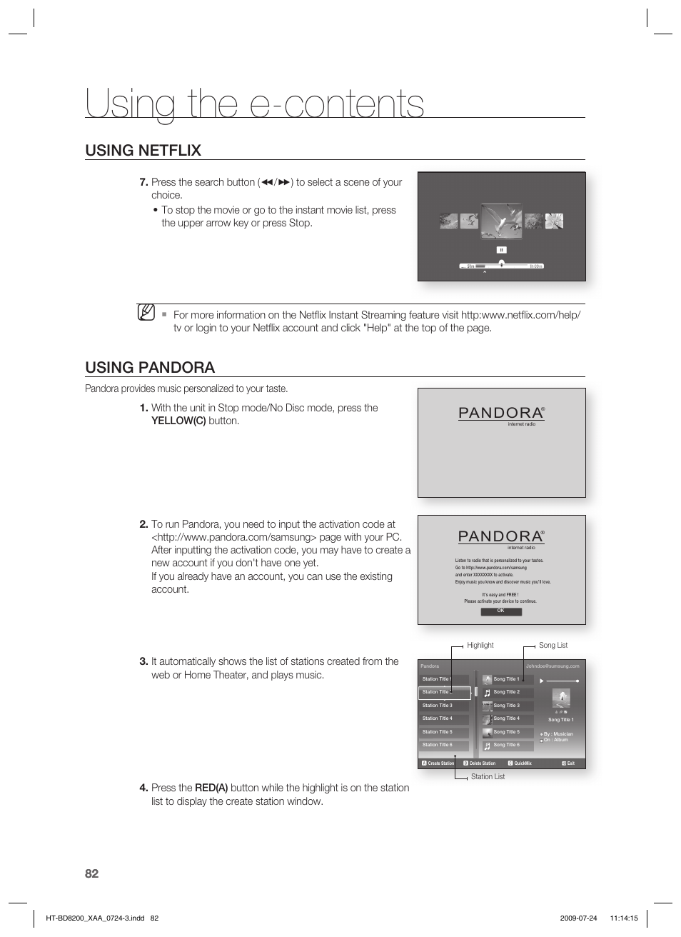 Using the e-contents, Using netflix, Using pandora | Pandora | Samsung 2.1CH BLU-RAY HT-BD8200 User Manual | Page 82 / 96