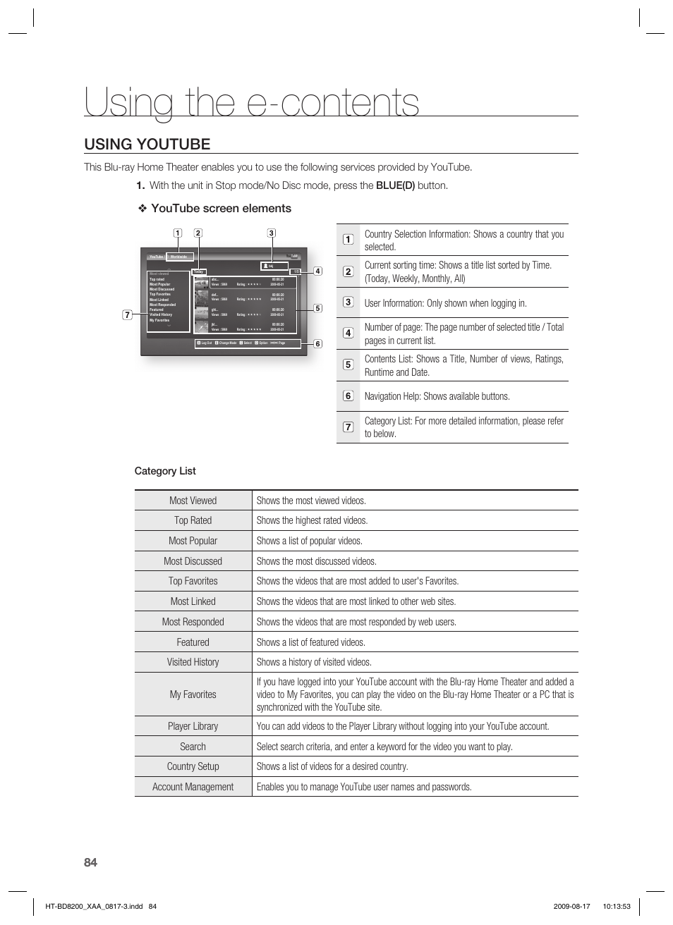 Using the e-contents, Using youtube, Youtube screen elements | Samsung 2.1CH BLU-RAY HT-BD8200 User Manual | Page 84 / 96