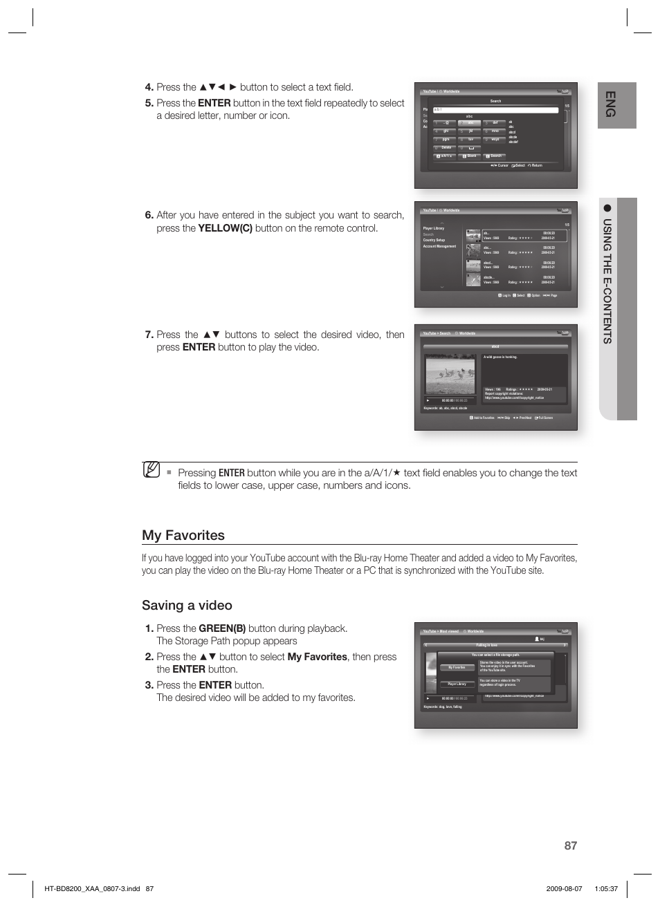 My favorites, Saving a video | Samsung 2.1CH BLU-RAY HT-BD8200 User Manual | Page 87 / 96