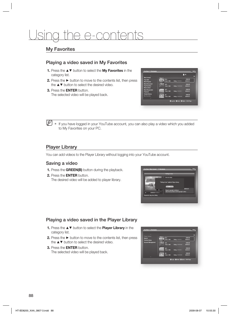 Using the e-contents, My favorites, Player library | Playing a video saved in my favorites, Saving a video, Playing a video saved in the player library | Samsung 2.1CH BLU-RAY HT-BD8200 User Manual | Page 88 / 96