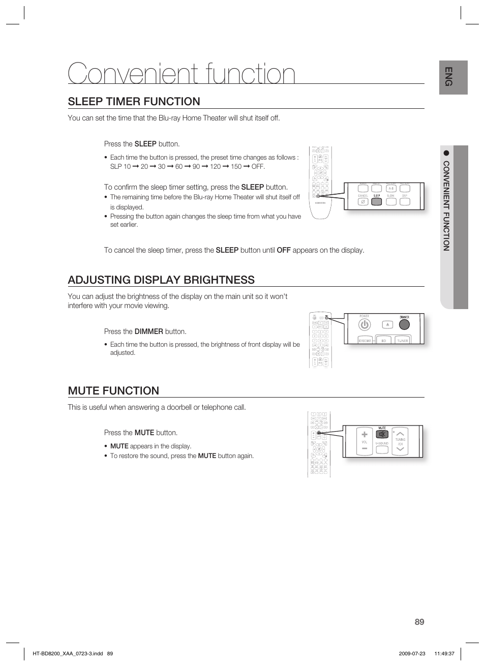 Convenient function, Sleep timer function, Adjusting display brightness | Mute function | Samsung 2.1CH BLU-RAY HT-BD8200 User Manual | Page 89 / 96