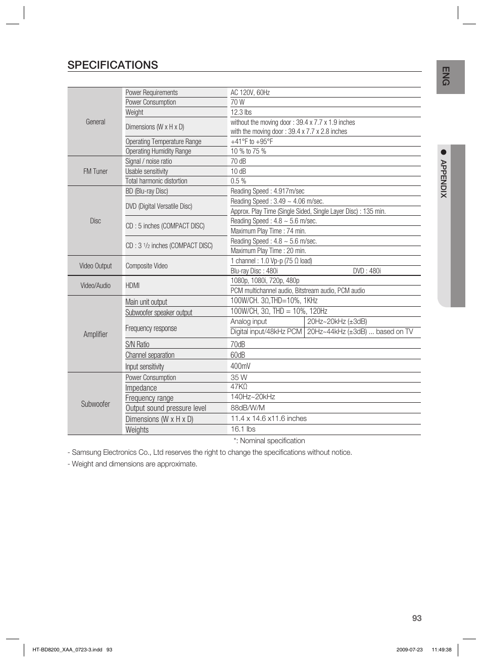 Specifications | Samsung 2.1CH BLU-RAY HT-BD8200 User Manual | Page 93 / 96