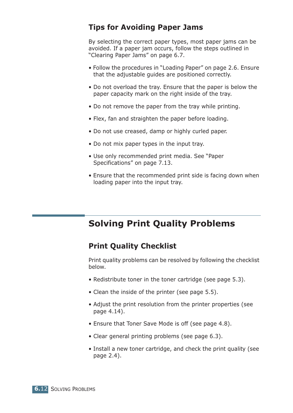 Tips for avoiding paper jams, Solving print quality problems, Print quality checklist | Samsung ML-1510 User Manual | Page 103 / 134