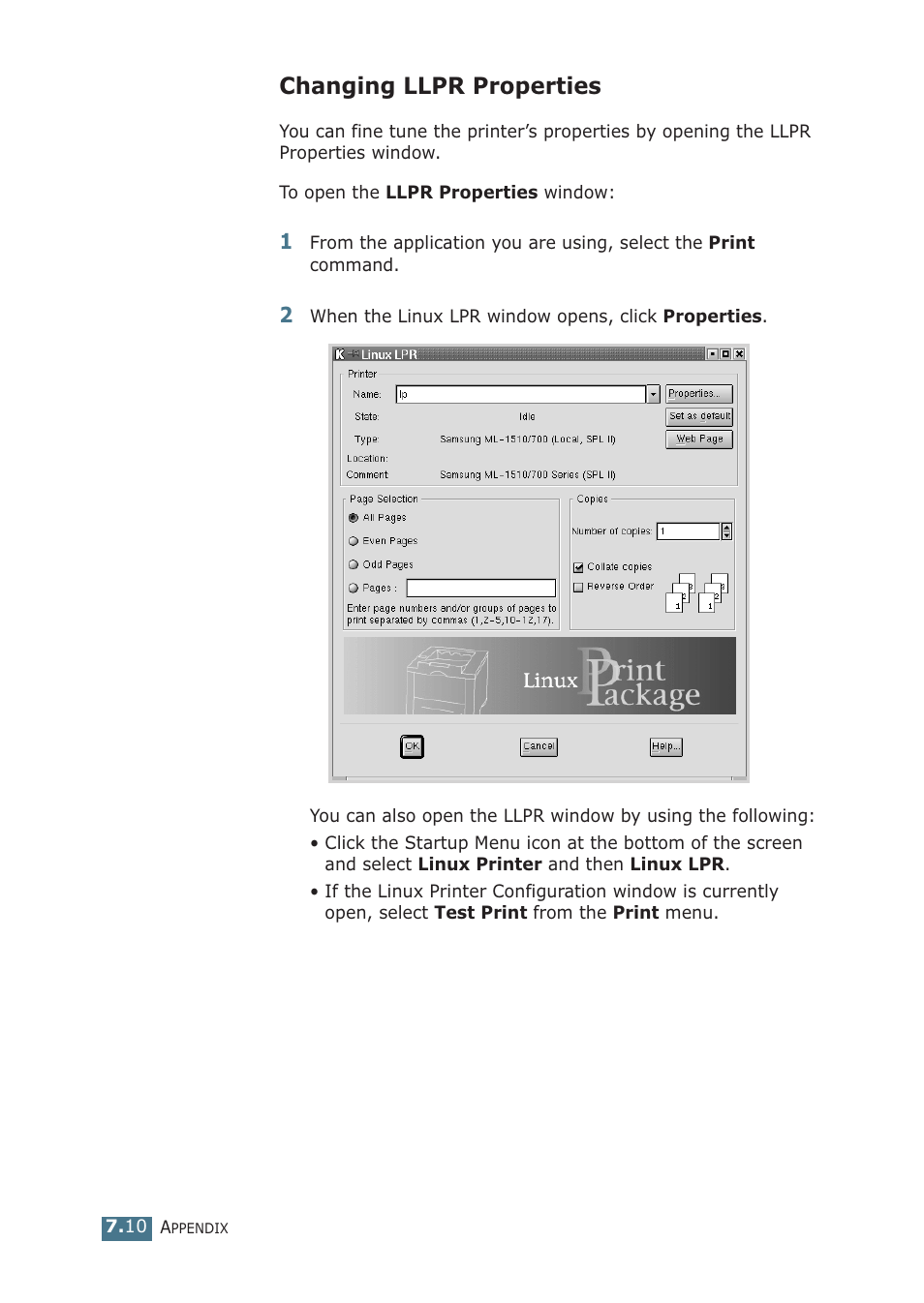 Changing llpr properties | Samsung ML-1510 User Manual | Page 123 / 134