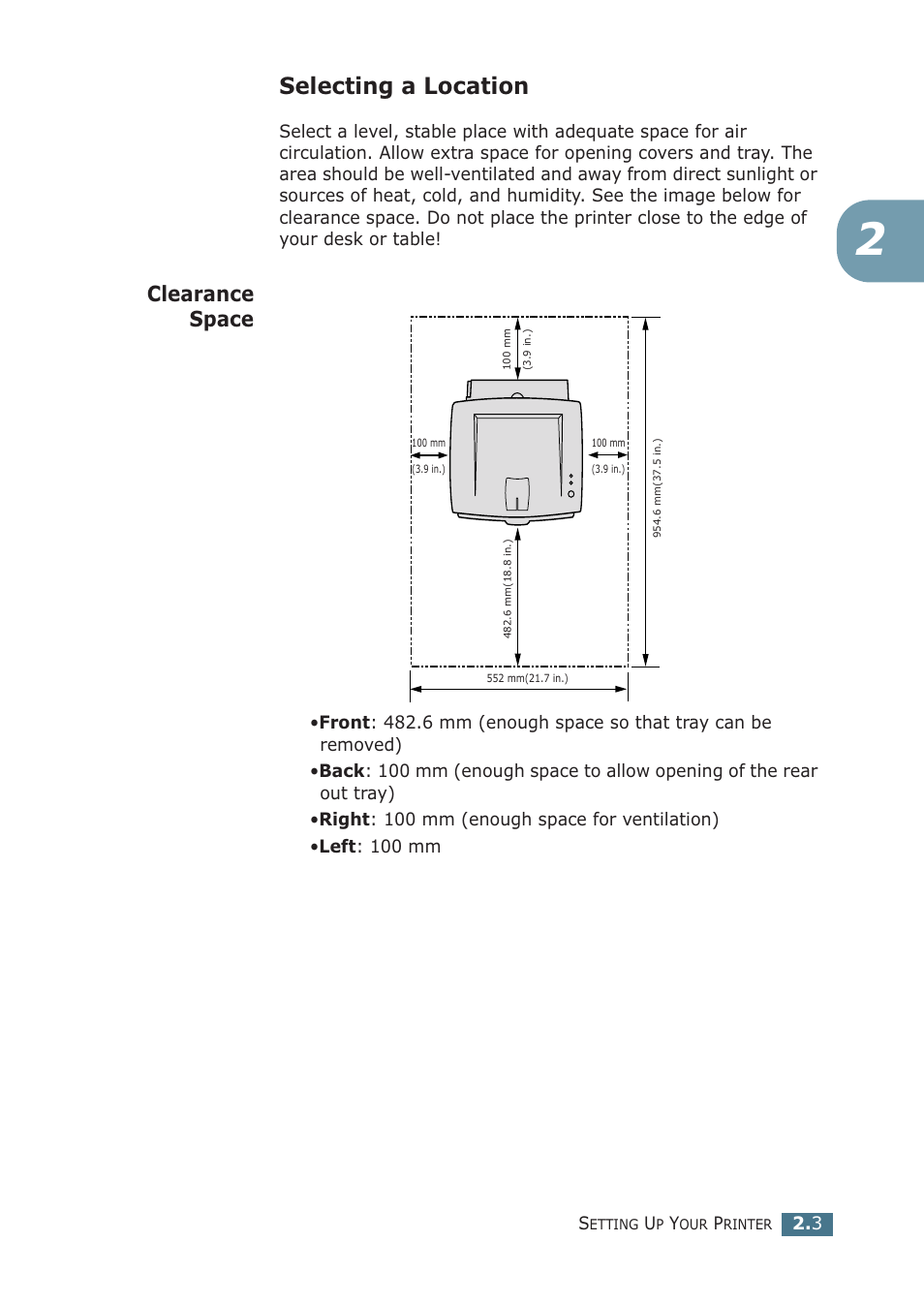 Selecting a location, Clearance space | Samsung ML-1510 User Manual | Page 22 / 134