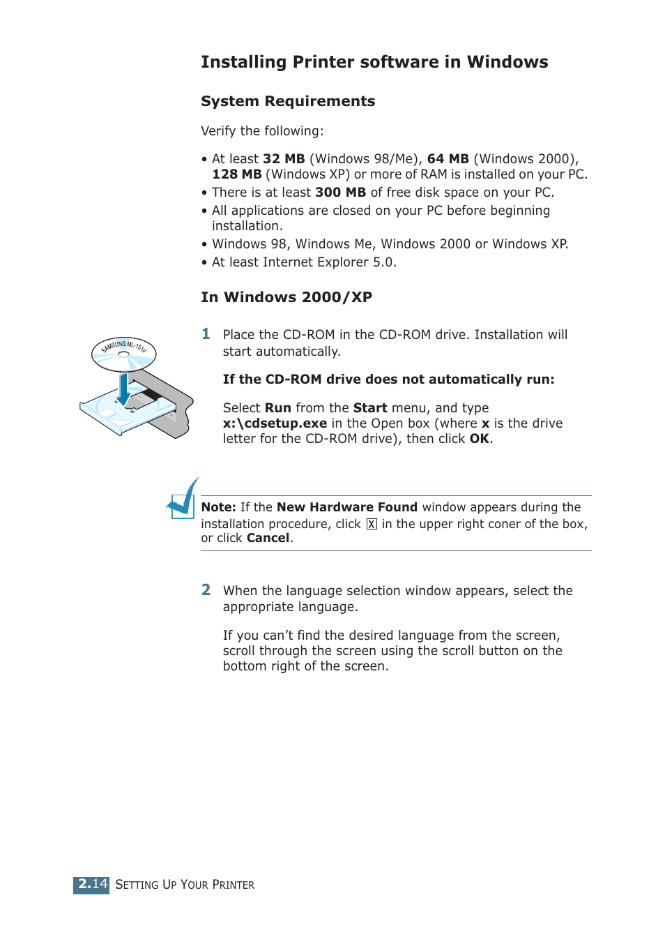 Installing printer software in windows | Samsung ML-1510 User Manual | Page 33 / 134