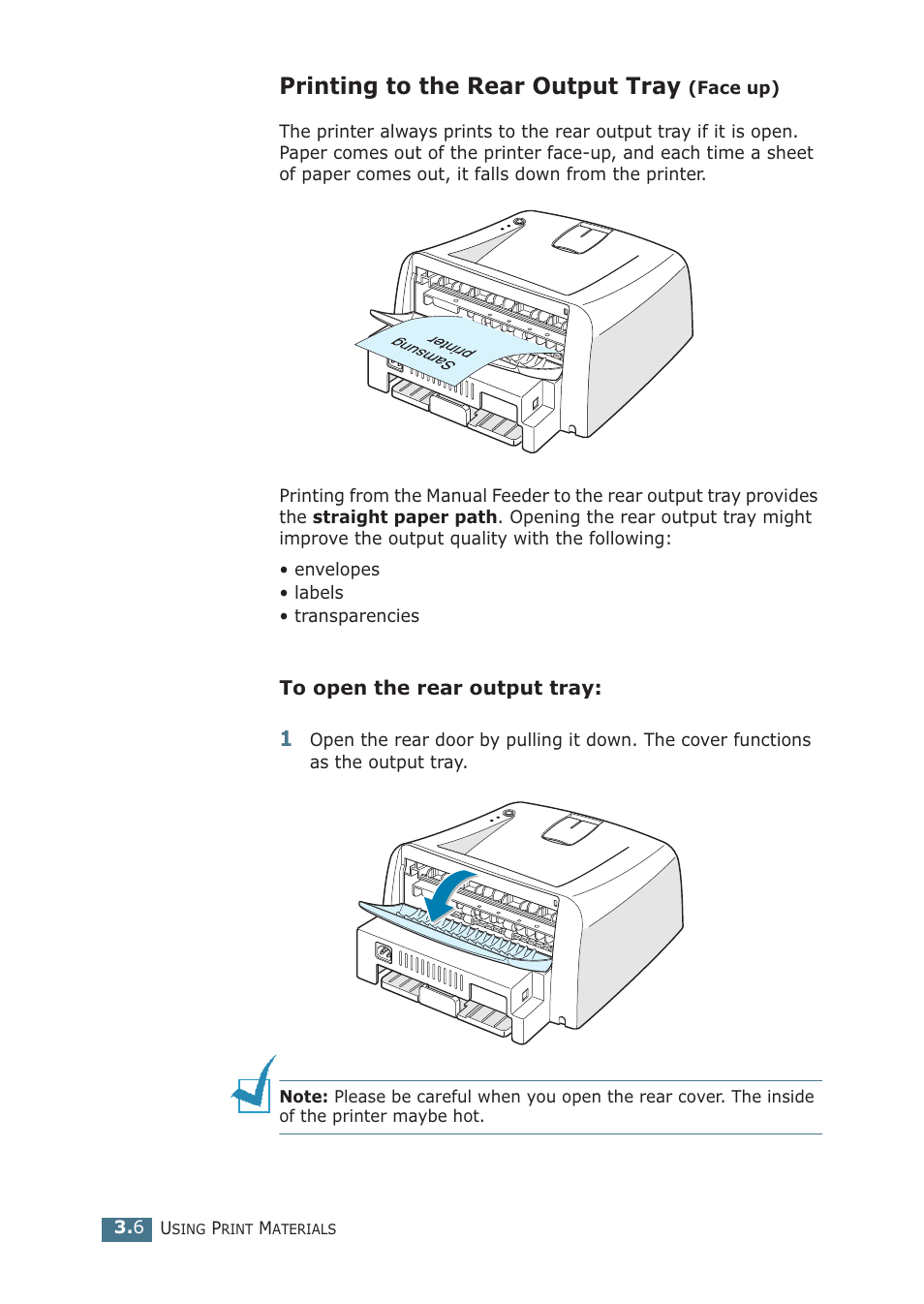 Printing to the rear output tray (face up), Printing to the rear output tray | Samsung ML-1510 User Manual | Page 43 / 134